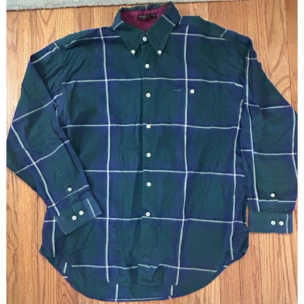 Vtg Colours by Alexander Julian Mens XL Green Blue Windowpane Plaid Long Sleeve